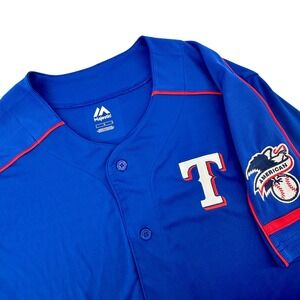 Majestic Texas Rangers MLB Baseball Jersey Blue Large Button Front Sleeve Patch